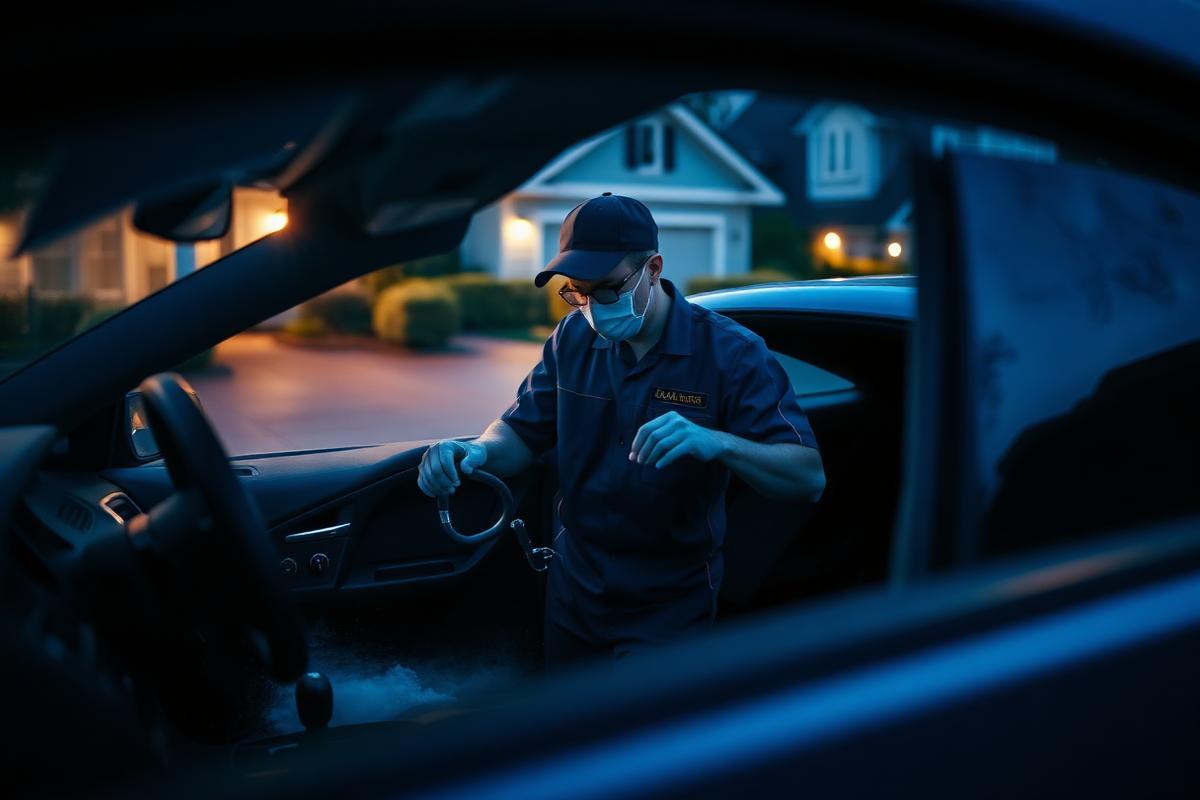 Technicien COMME NEUF nettoyant un intérieur de voiture